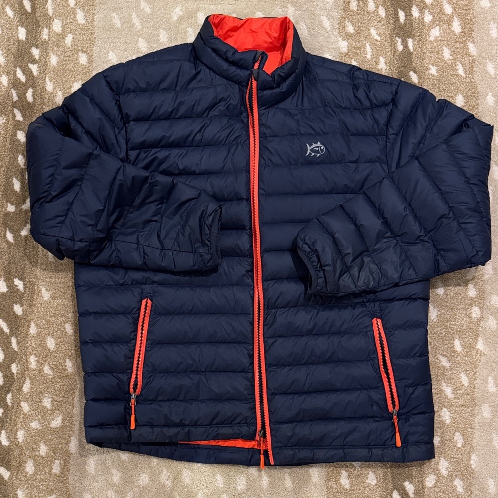 Men’s XXL Southern Tide Lightweight Navy Puffer Jacket with Orange Zippers